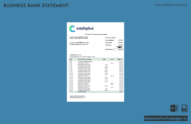 Beispiel eines Kontoauszugs der Cashplus-Firmenkontoauszüge (Word und PDF) für Großbritannien